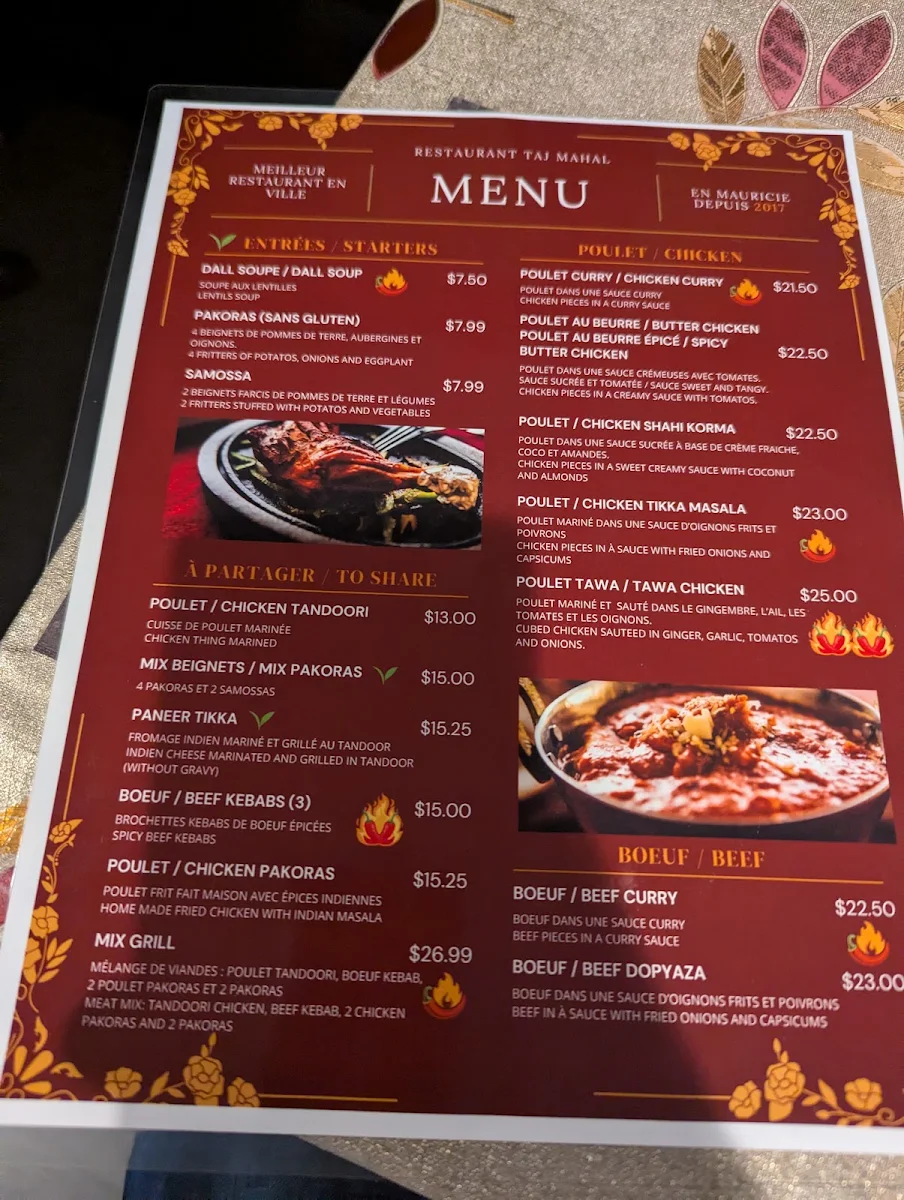 Menu, Restaurant Taj Mahal - Cuisine Fine - Apportez votre vin