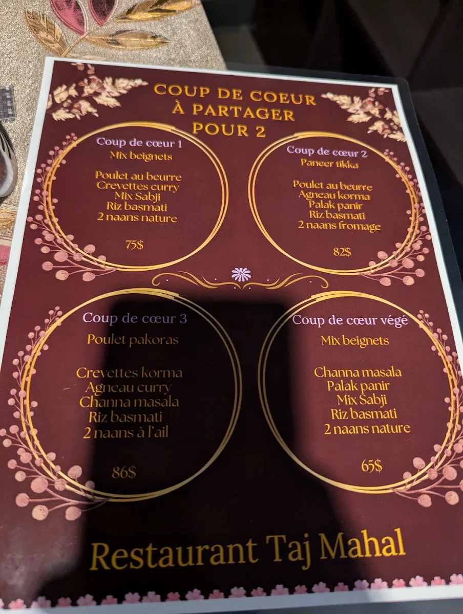 Menu, Restaurant Taj Mahal - Cuisine Fine - Apportez votre vin