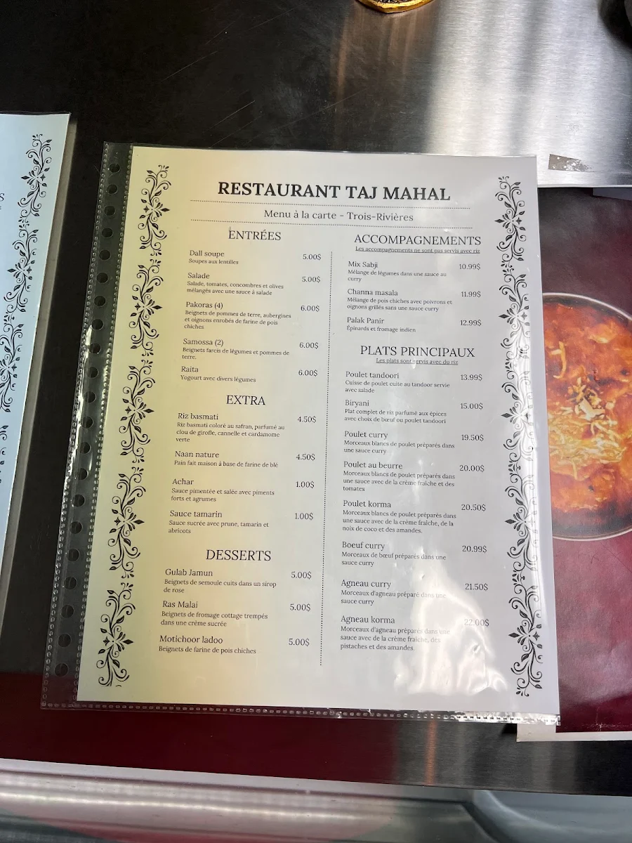 Menu, Restaurant Taj Mahal - Cuisine Fine - Apportez votre vin