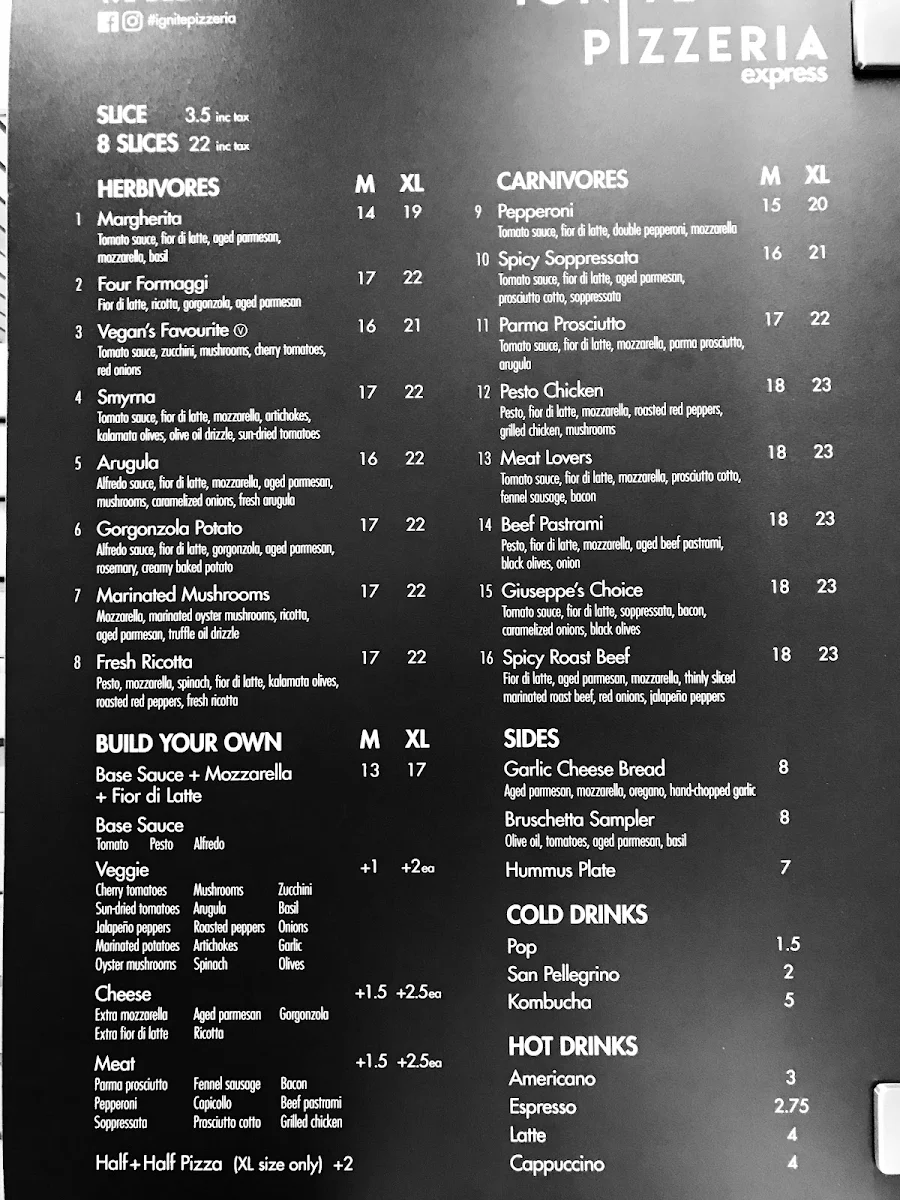 Menu, Ignite Pizzeria Gastown (Express)