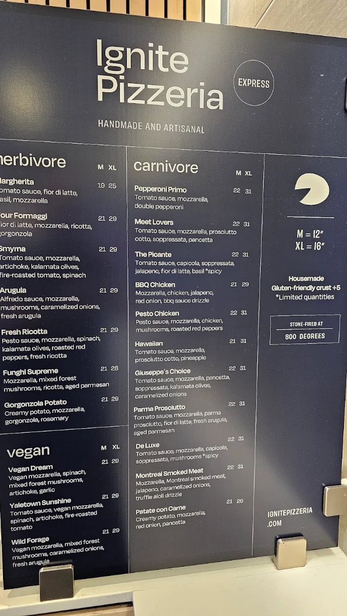 Menu, Ignite Pizzeria Gastown (Express)