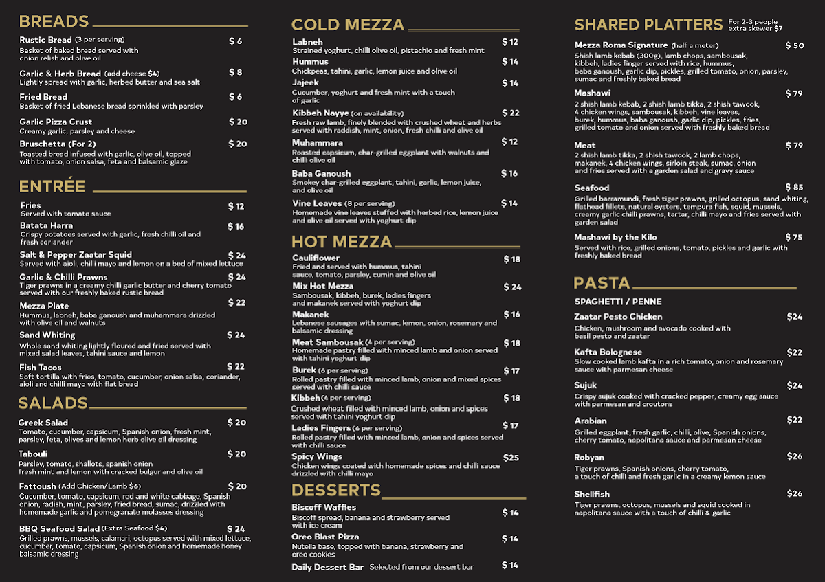 Menu, Mezza Aroma Restaurant
