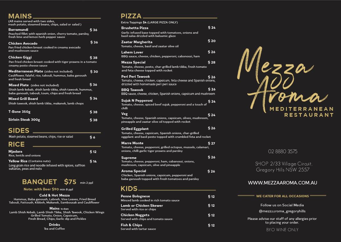 Menu, Mezza Aroma Restaurant