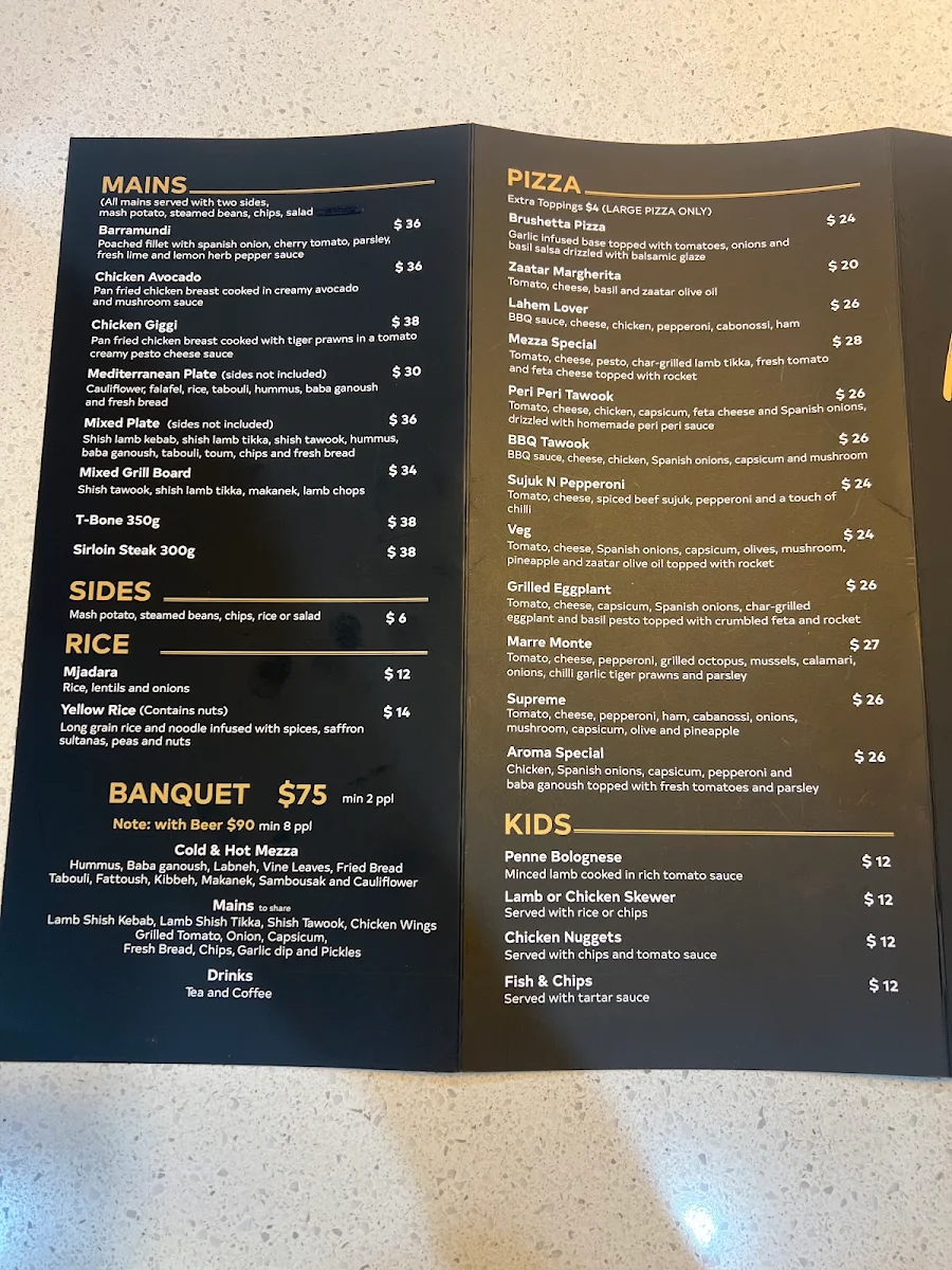 Menu, Mezza Aroma Restaurant