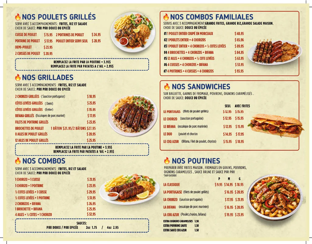 Menu, Coq Azur