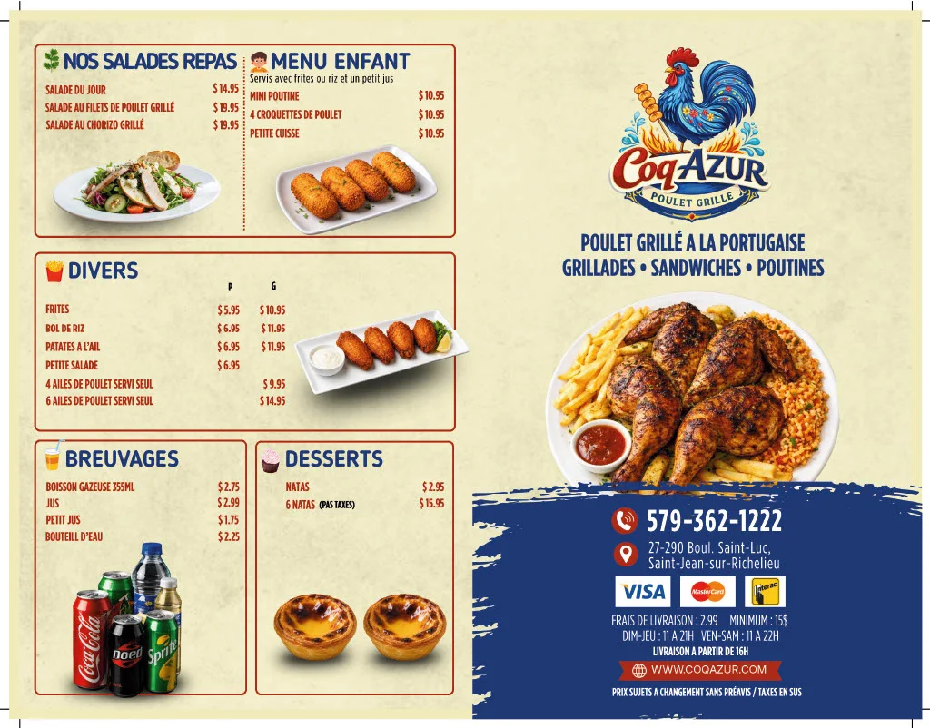 Menu, Coq Azur