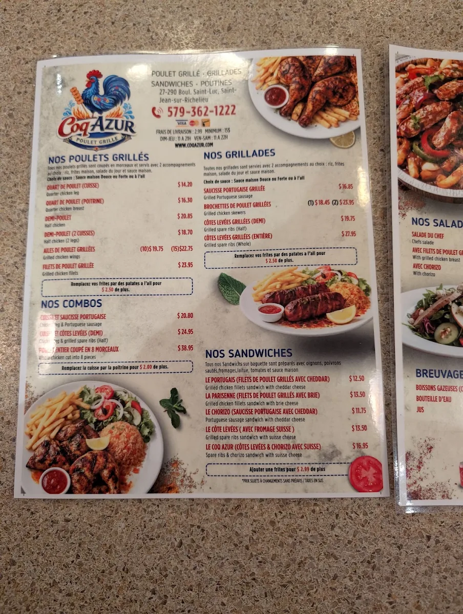 Menu, Coq Azur