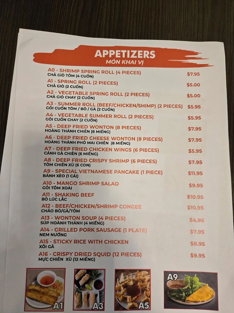 Menu, Pho PAPA Vietnamese Restaurant