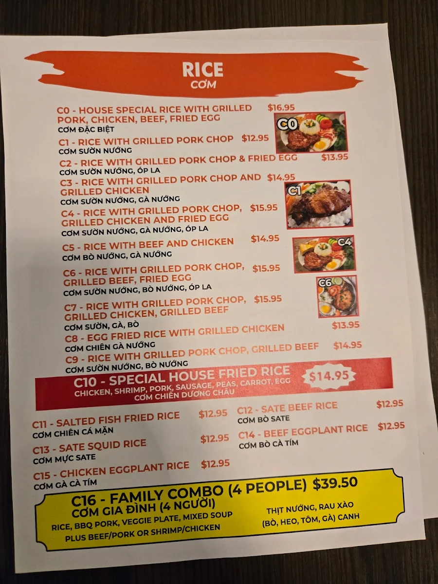 Menu, Pho PAPA Vietnamese Restaurant