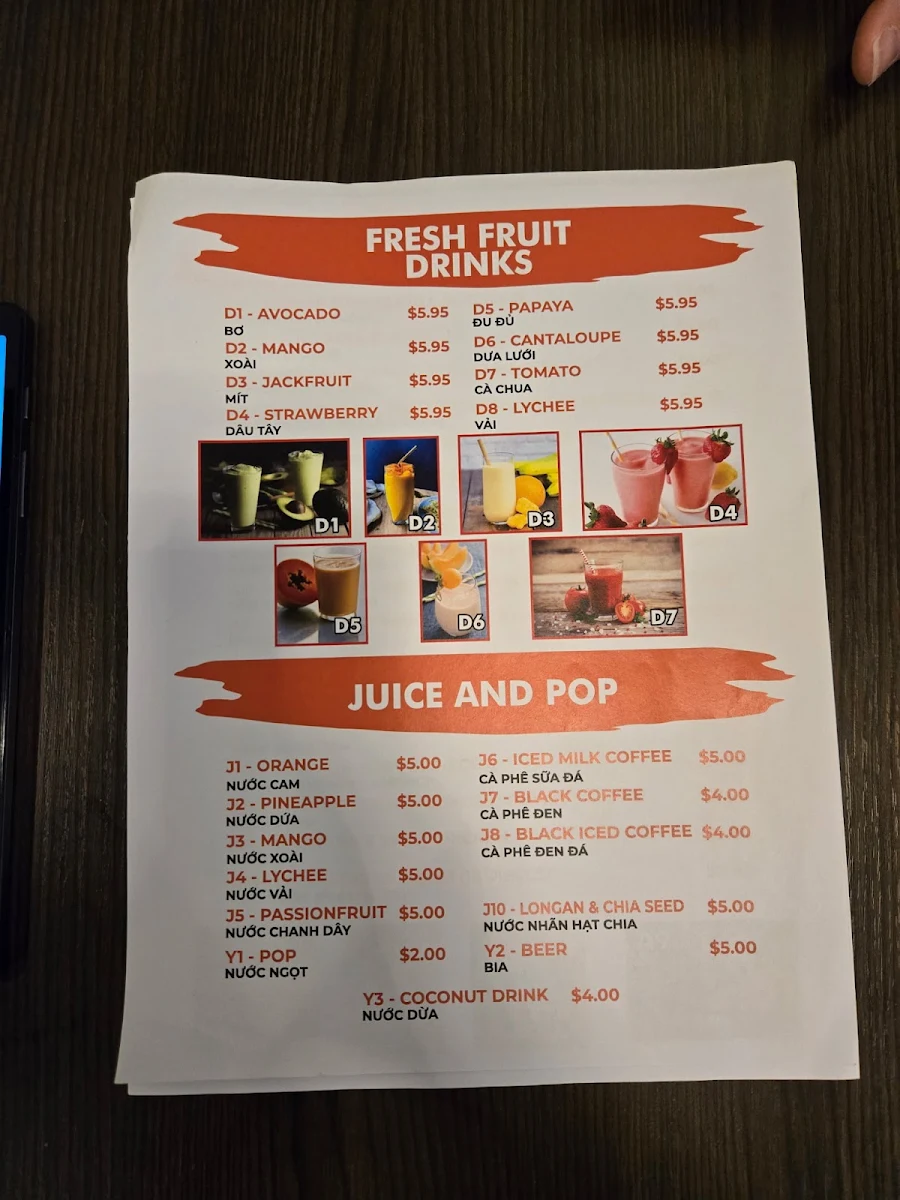 Menu, Pho PAPA Vietnamese Restaurant