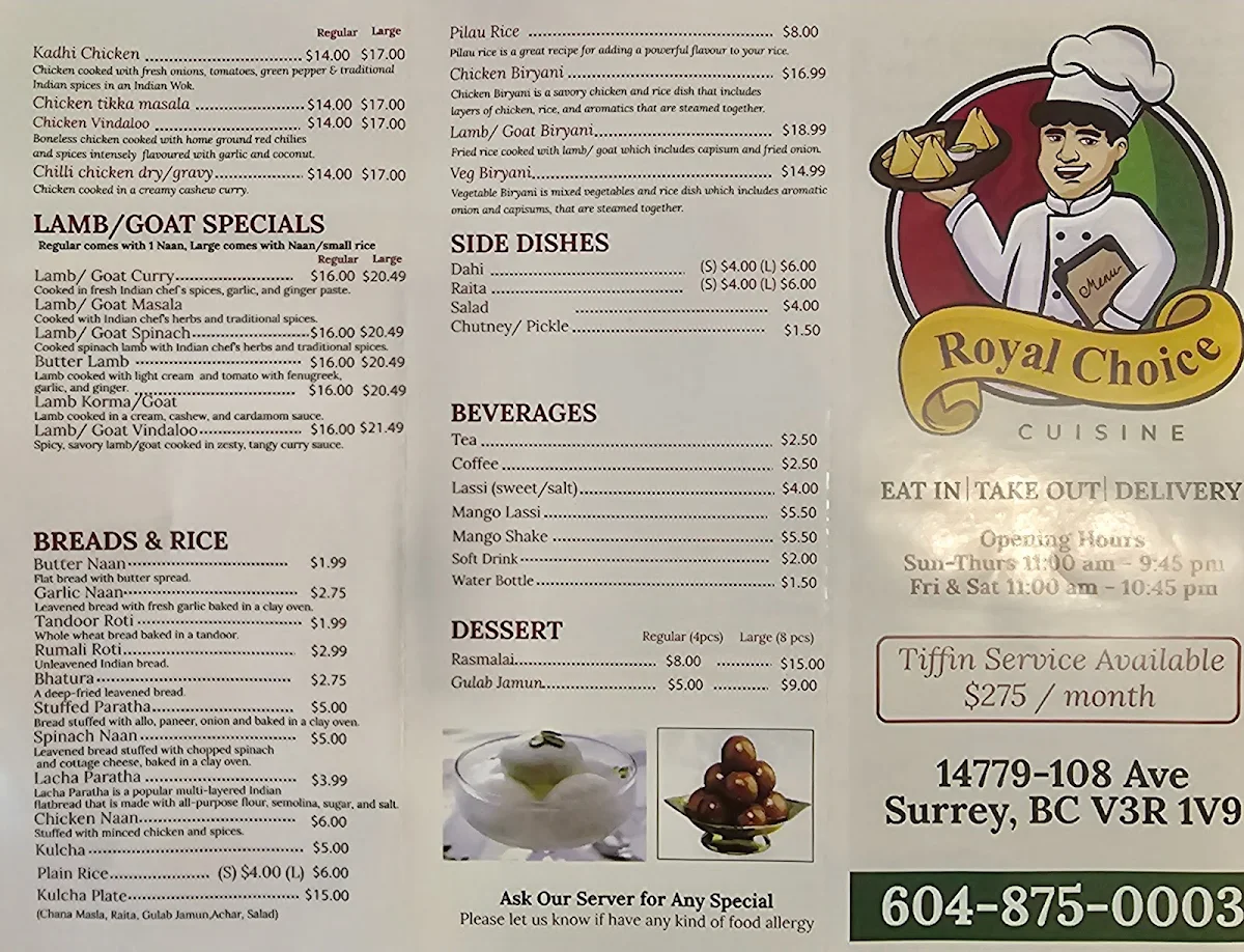 Menu, Royal Choice Indian Cuisine