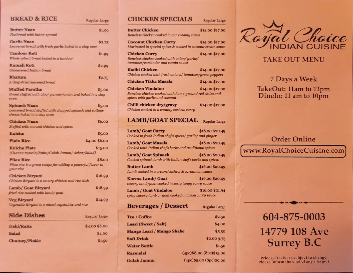 Menu, Royal Choice Indian Cuisine