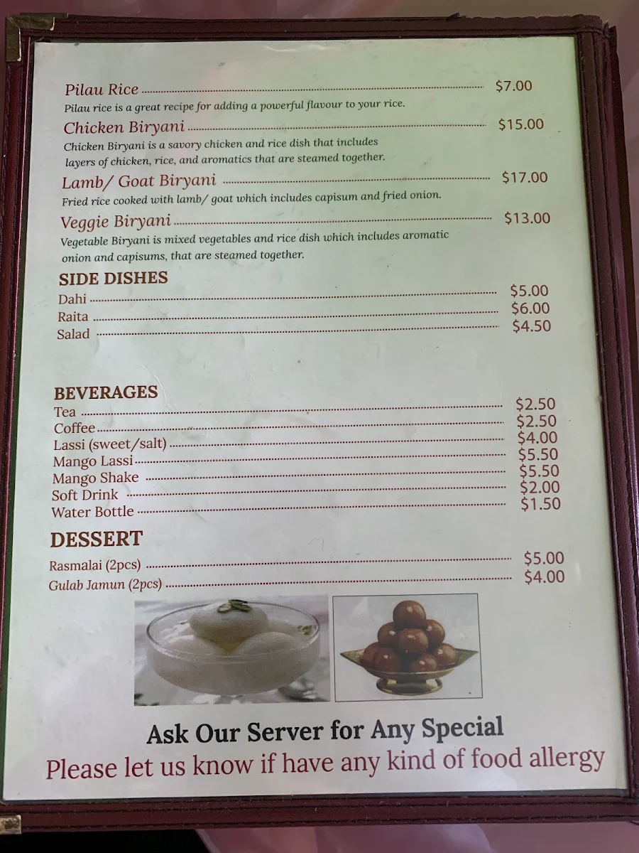 Menu, Royal Choice Indian Cuisine