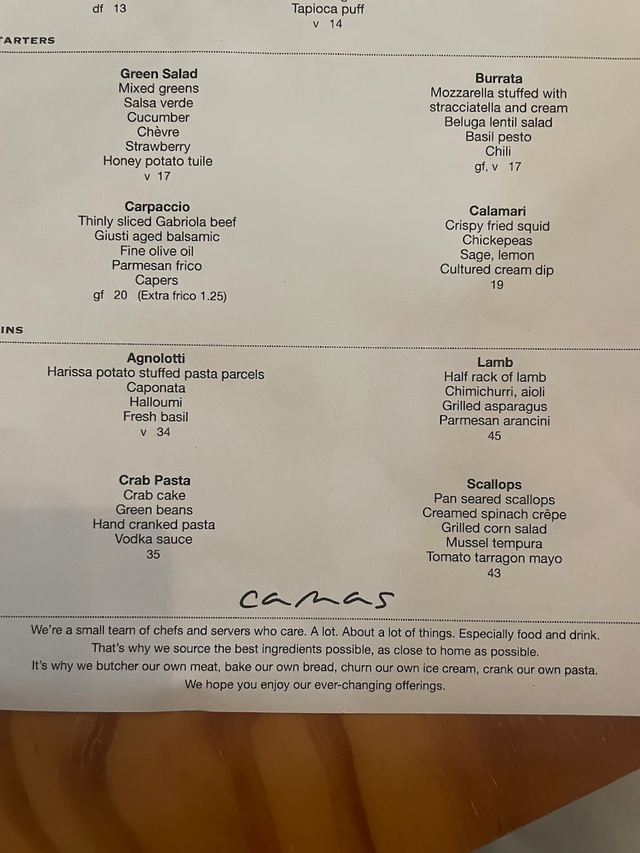 Menu, Camas