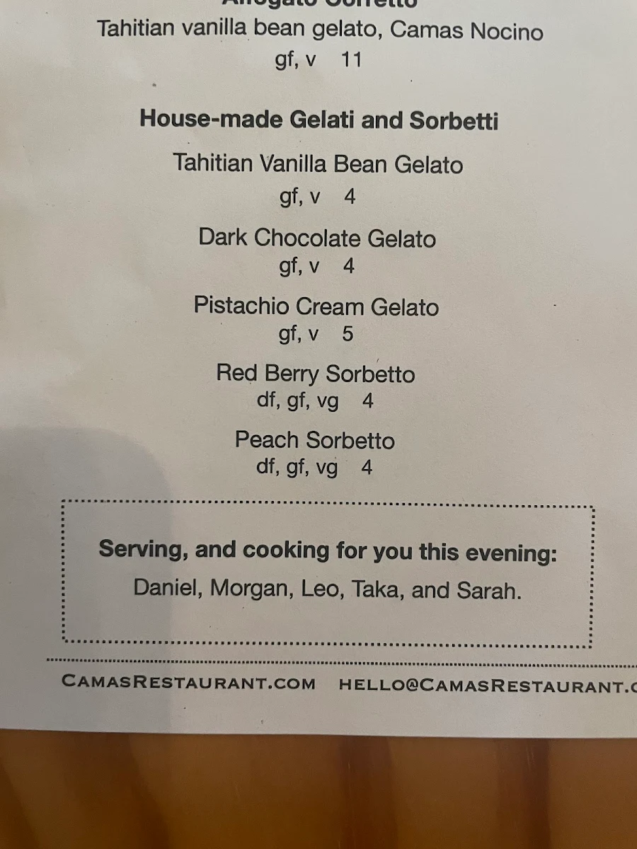 Menu, Camas