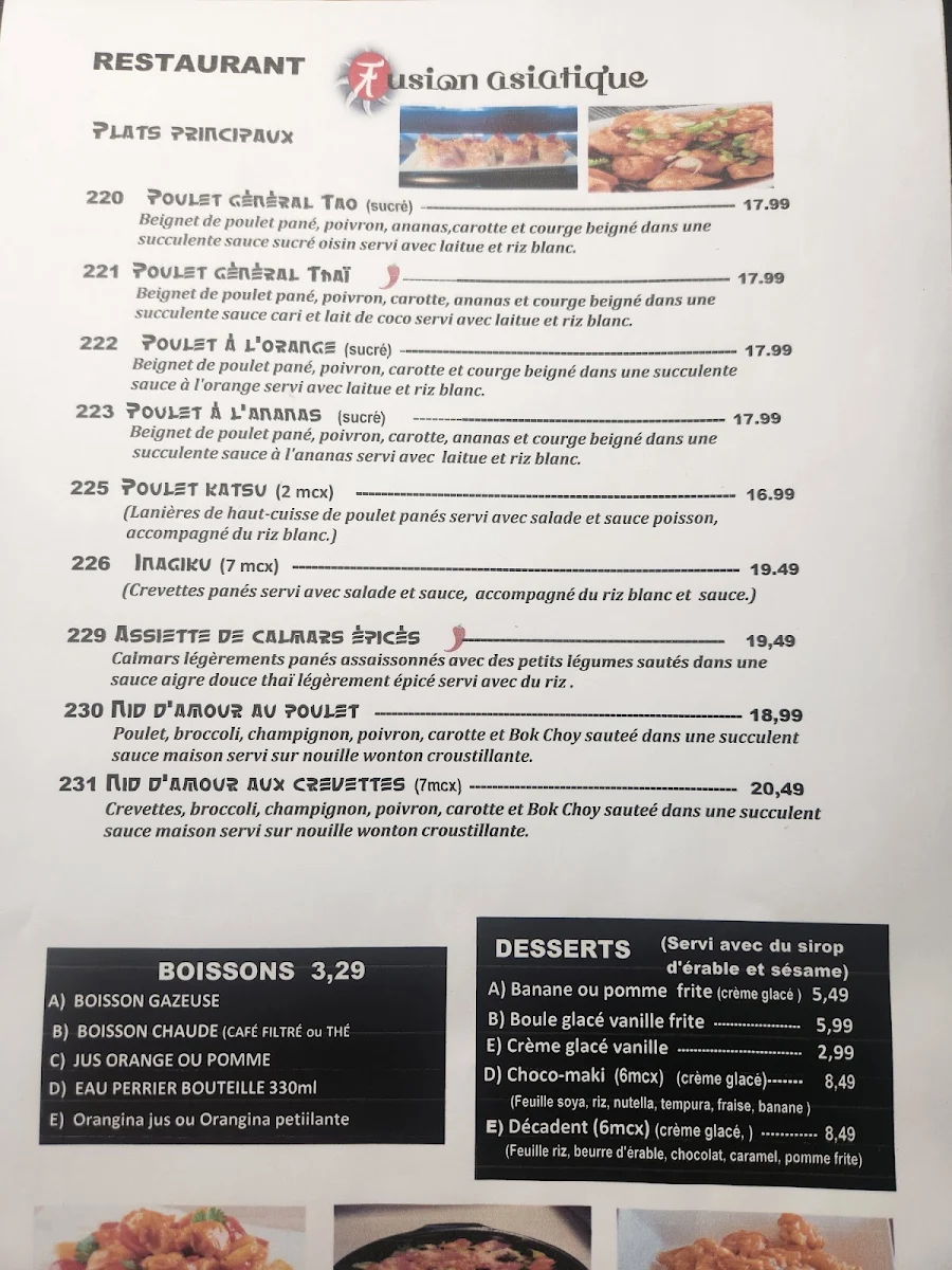 Menu, Restaurant fusion asiatique Inc