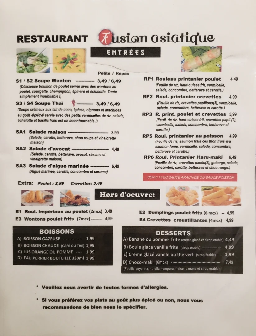 Menu, Restaurant fusion asiatique Inc