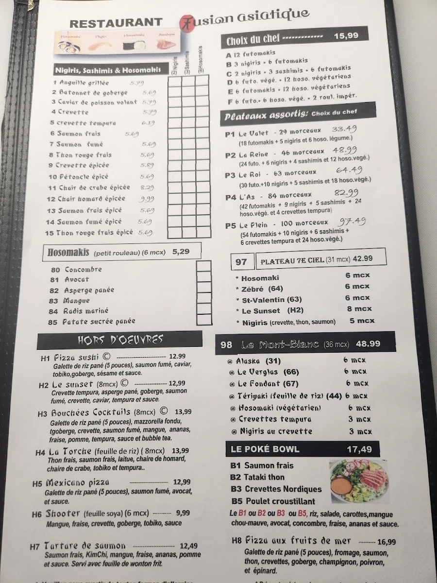 Menu, Restaurant fusion asiatique Inc