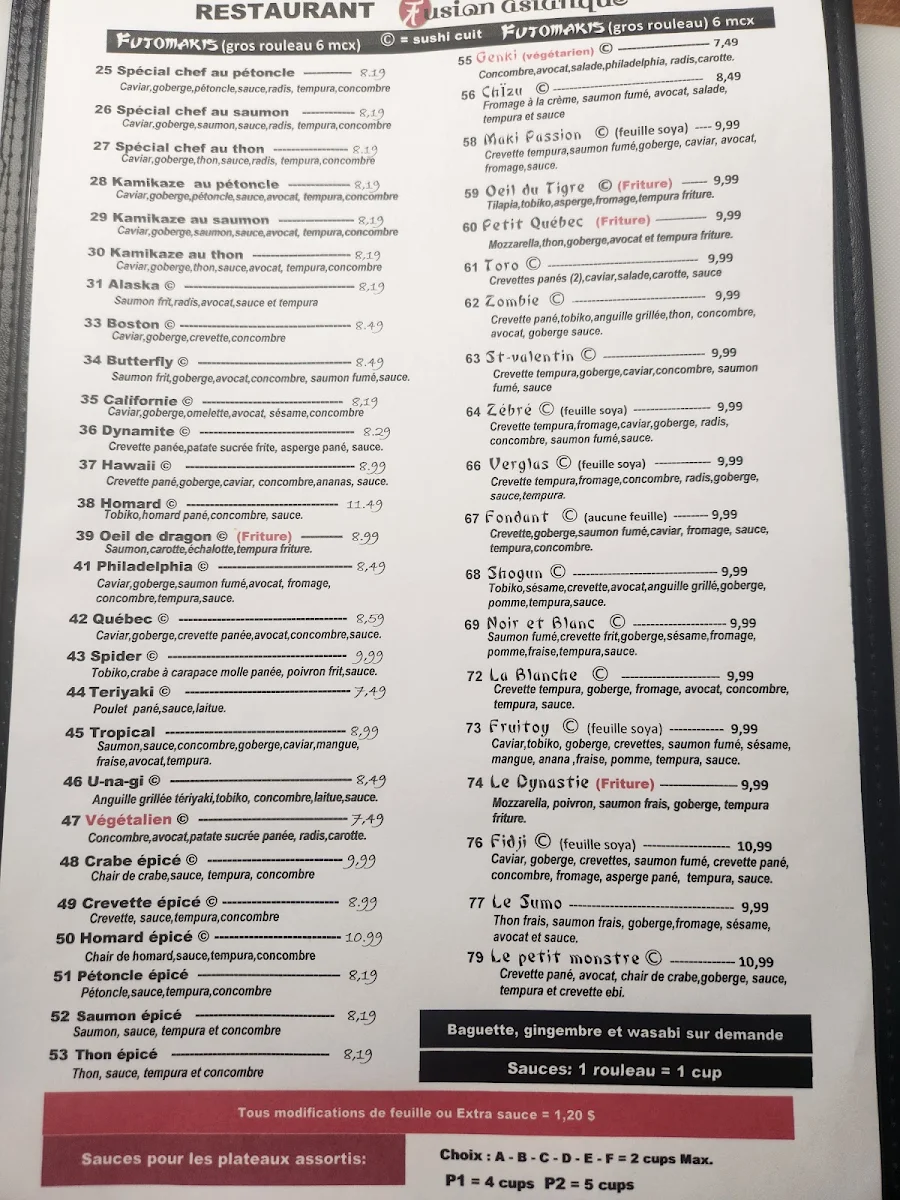 Menu, Restaurant fusion asiatique Inc