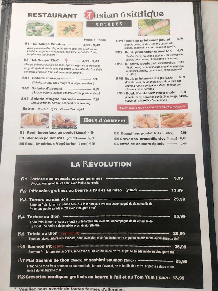 Menu, Restaurant fusion asiatique Inc