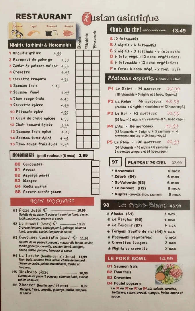 Menu, Restaurant fusion asiatique Inc