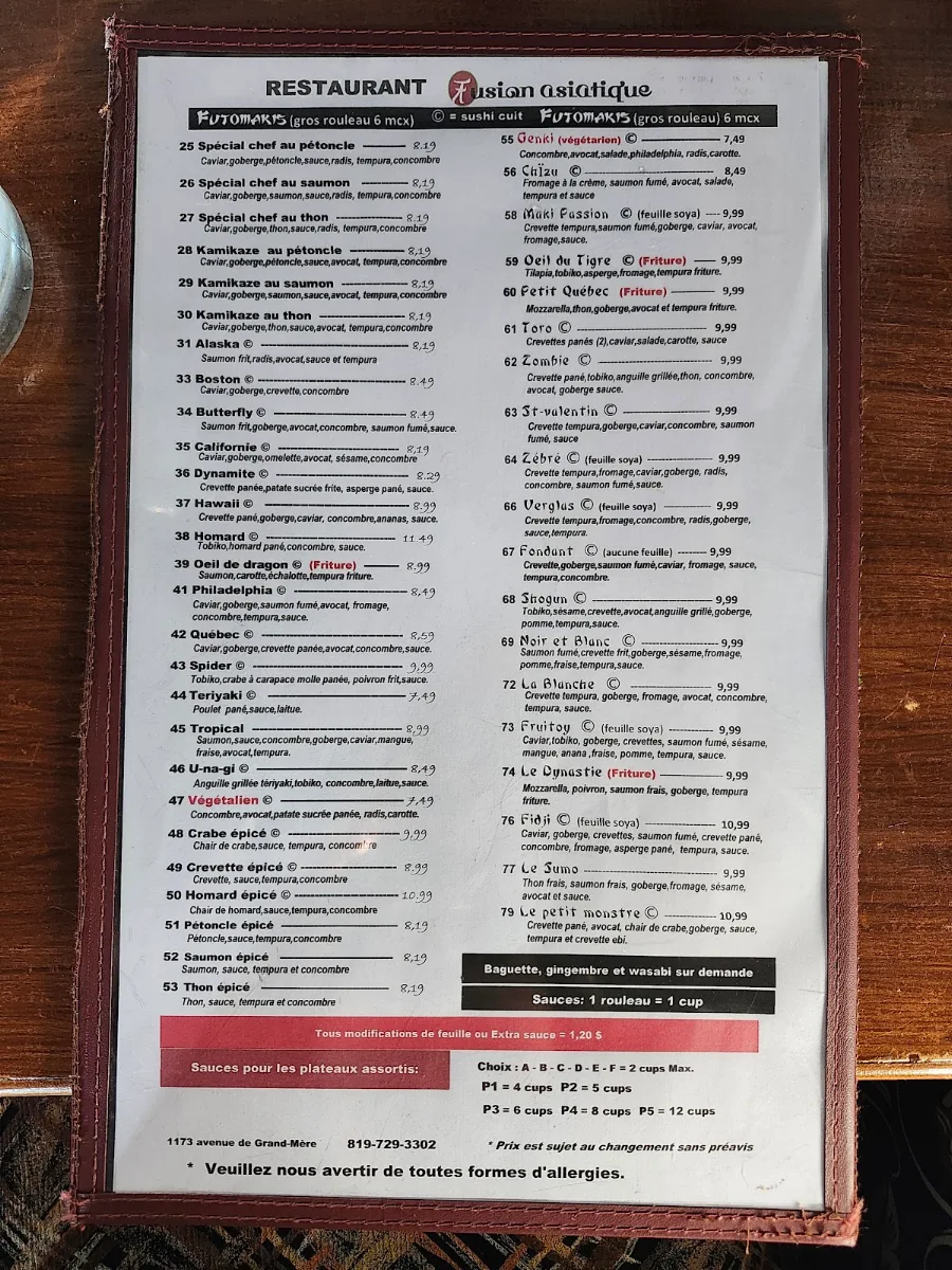 Menu, Restaurant fusion asiatique Inc