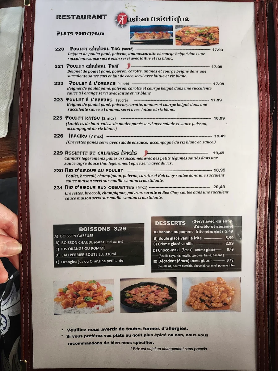 Menu, Restaurant fusion asiatique Inc