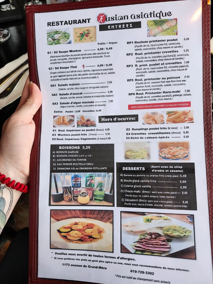 Menu, Restaurant fusion asiatique Inc
