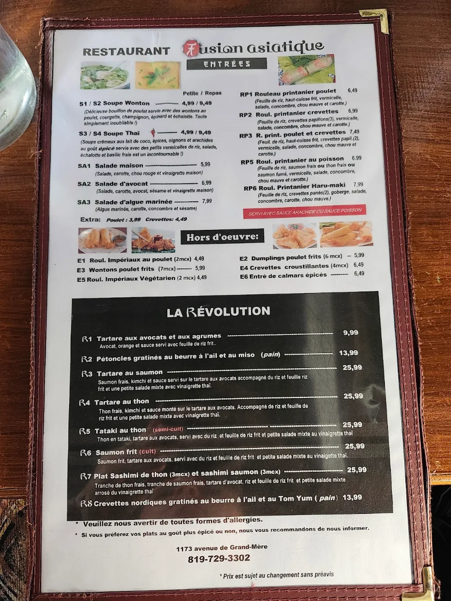 Menu, Restaurant fusion asiatique Inc