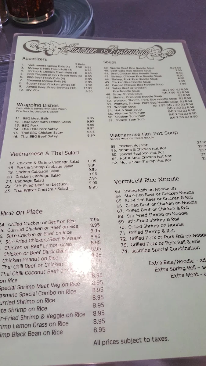 Menu, Jasmine Restaurant
