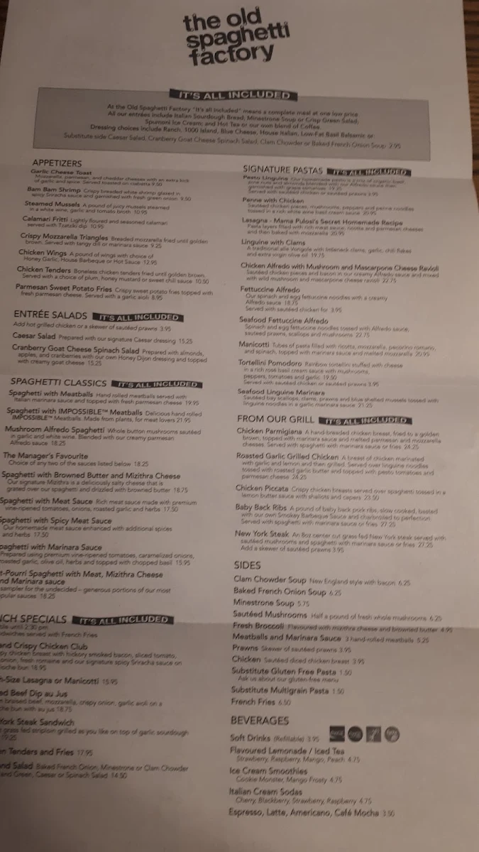 Menu, The Old Spaghetti Factory (Kelowna)