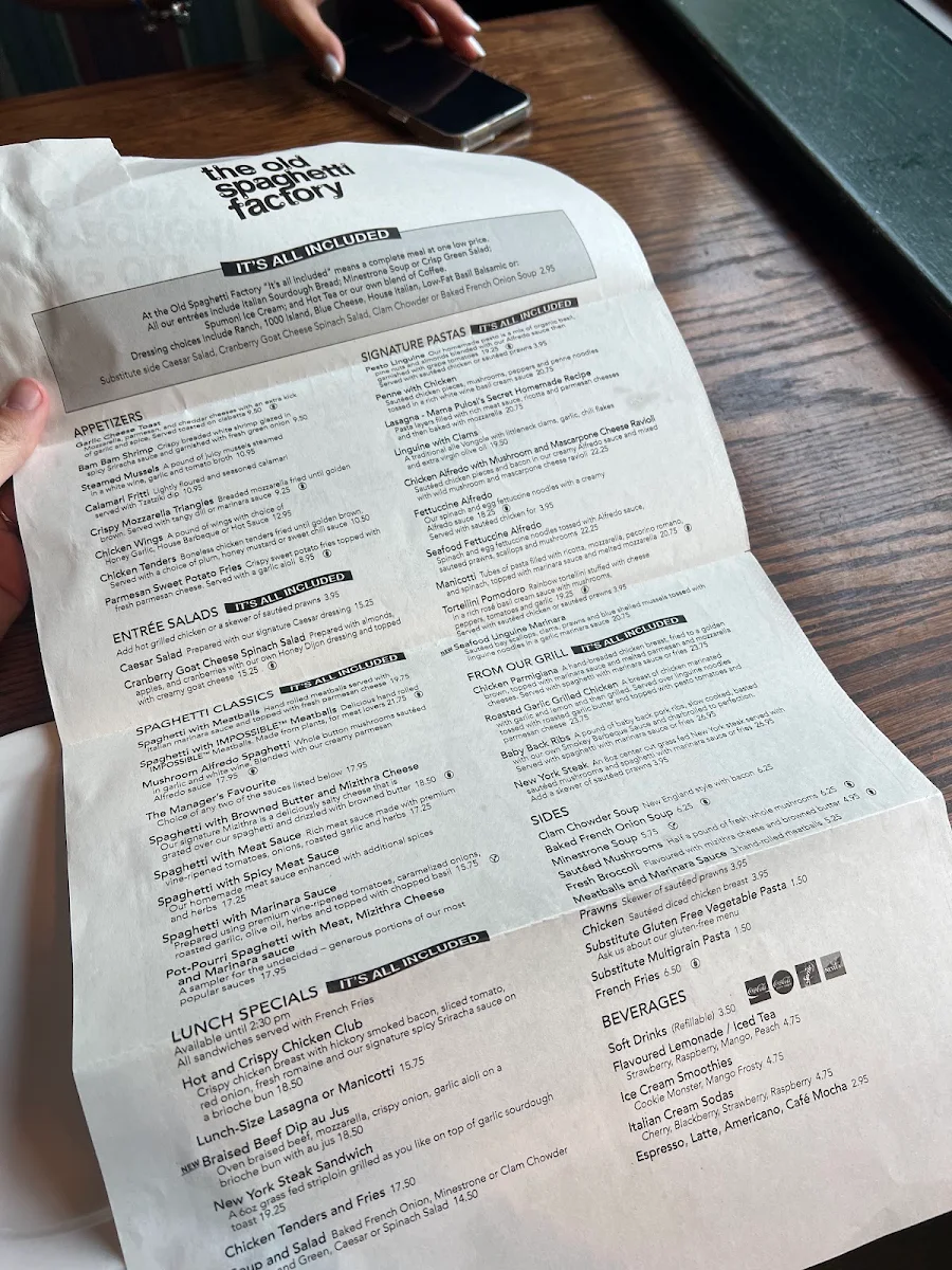 Menu, The Old Spaghetti Factory (Kelowna)