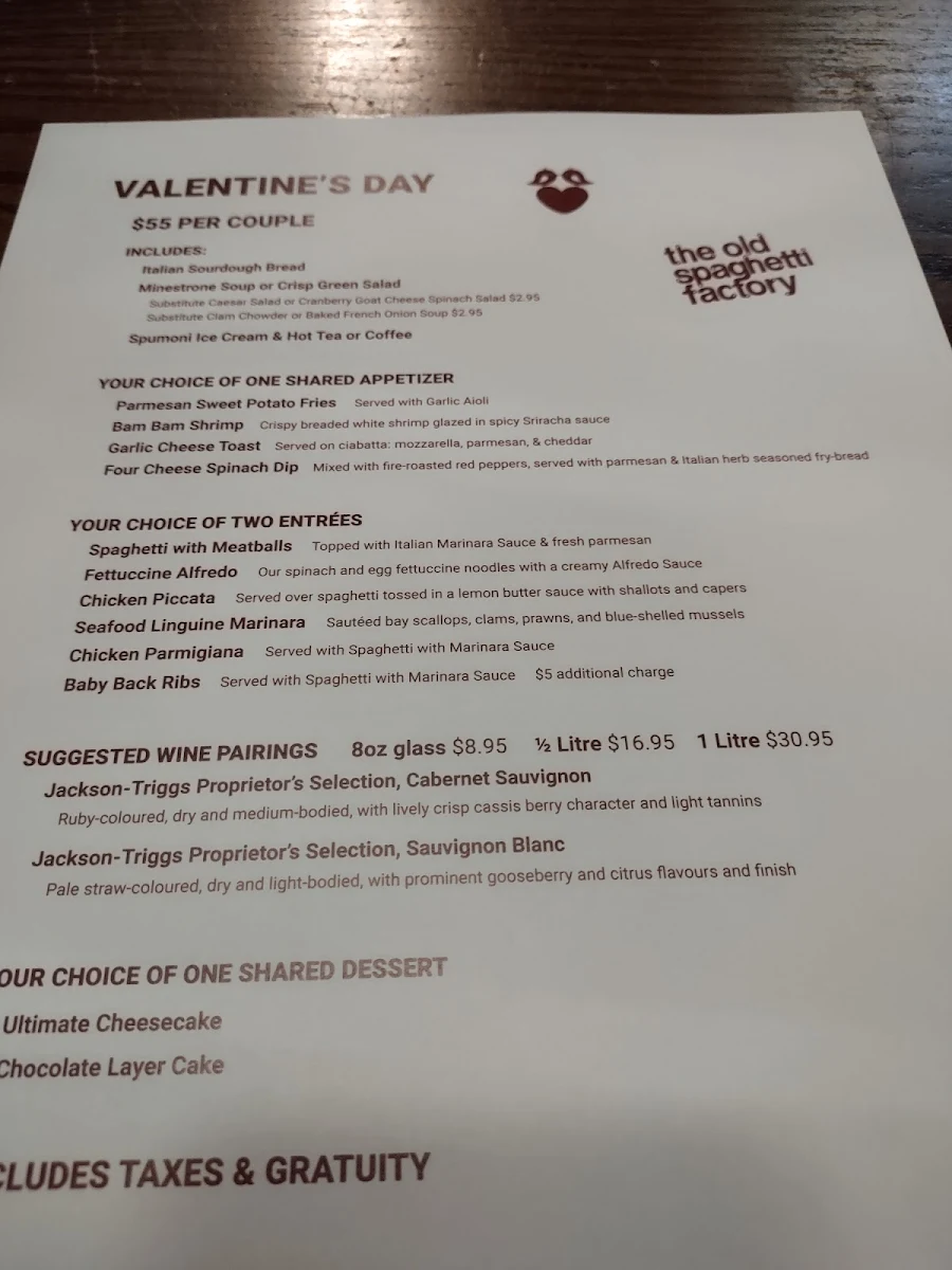 Menu, The Old Spaghetti Factory (Kelowna)
