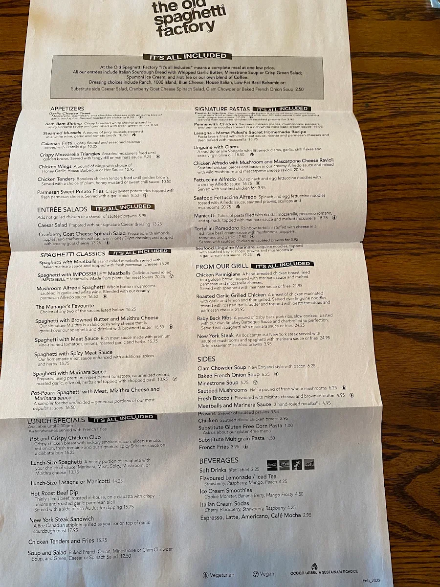 Menu, The Old Spaghetti Factory (Kelowna)