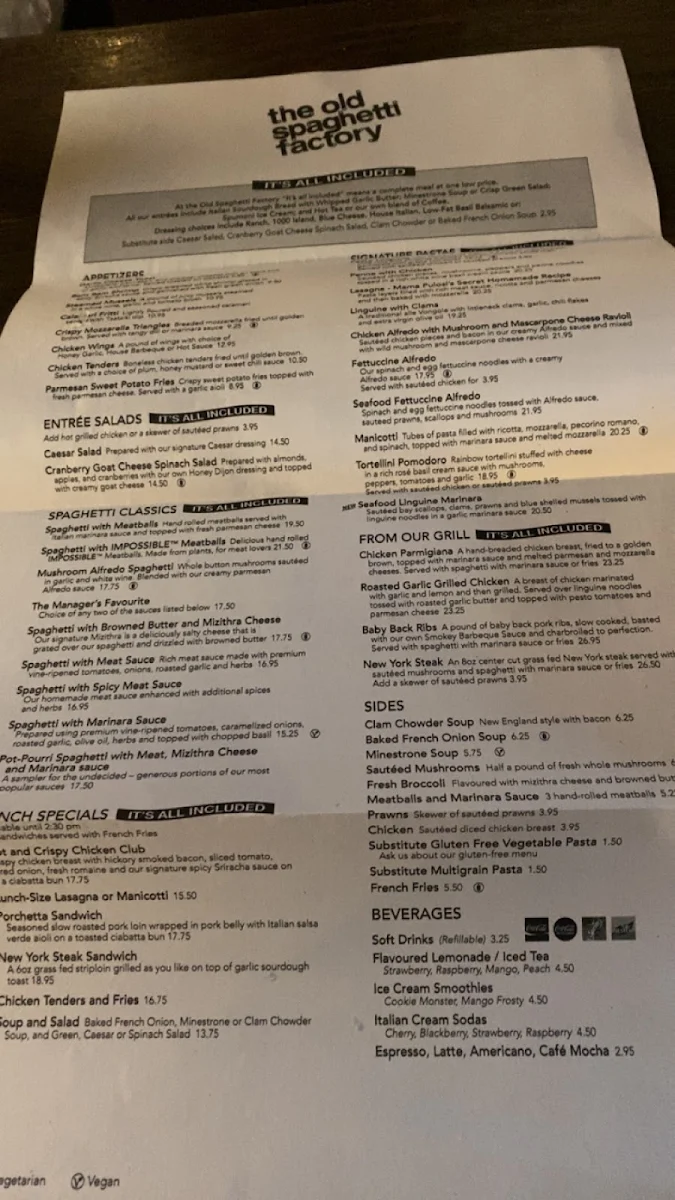Menu, The Old Spaghetti Factory (Kelowna)