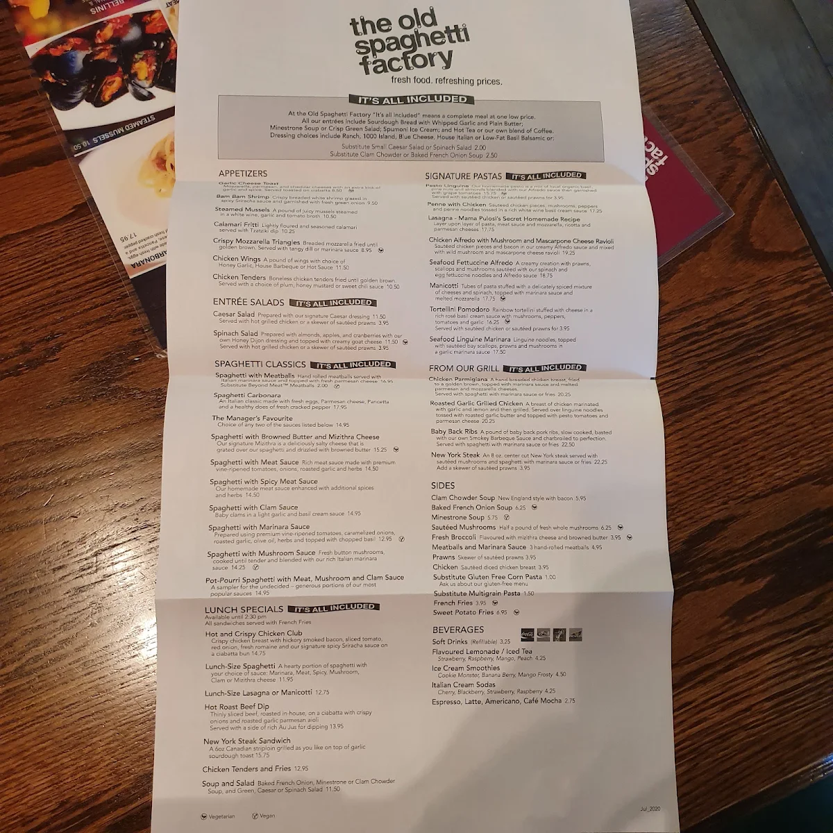 Menu, The Old Spaghetti Factory (Kelowna)