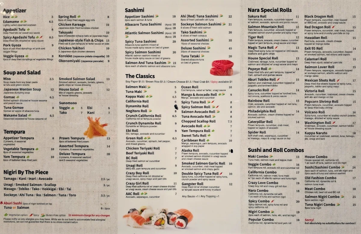 Menu, Sushi Nara-Gladwin
