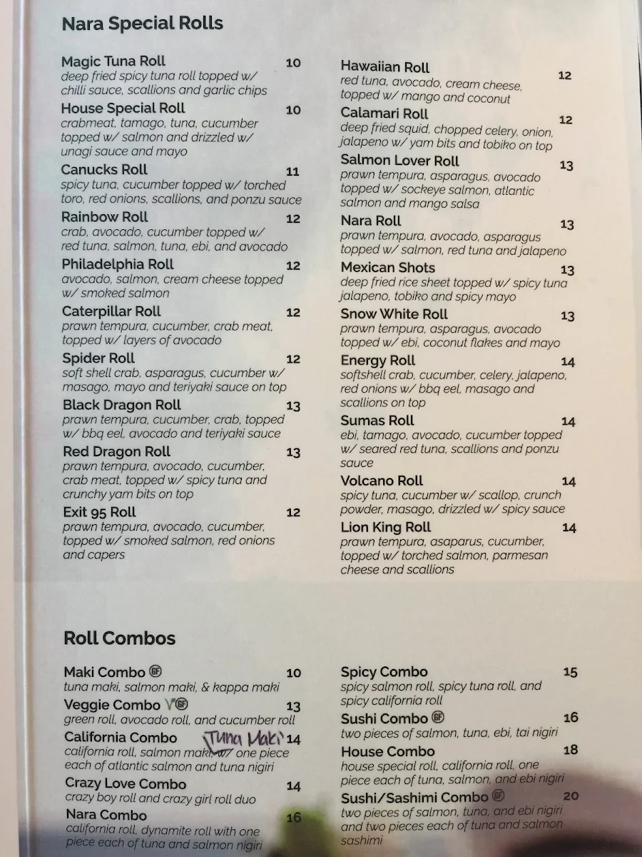 Menu, Sushi Nara-Gladwin