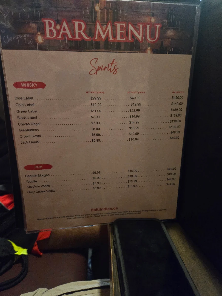 Menu, Balti Indian Restaurant