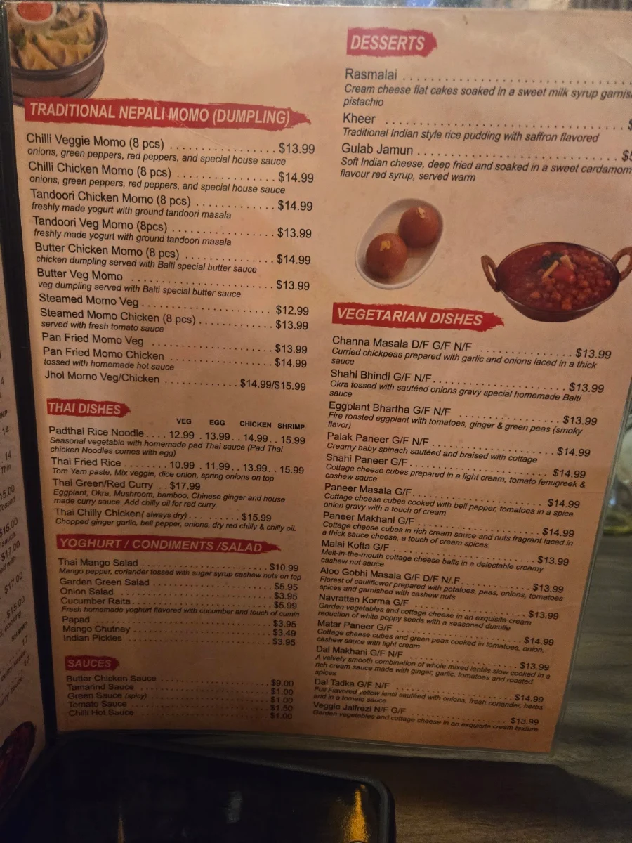 Menu, Balti Indian Restaurant