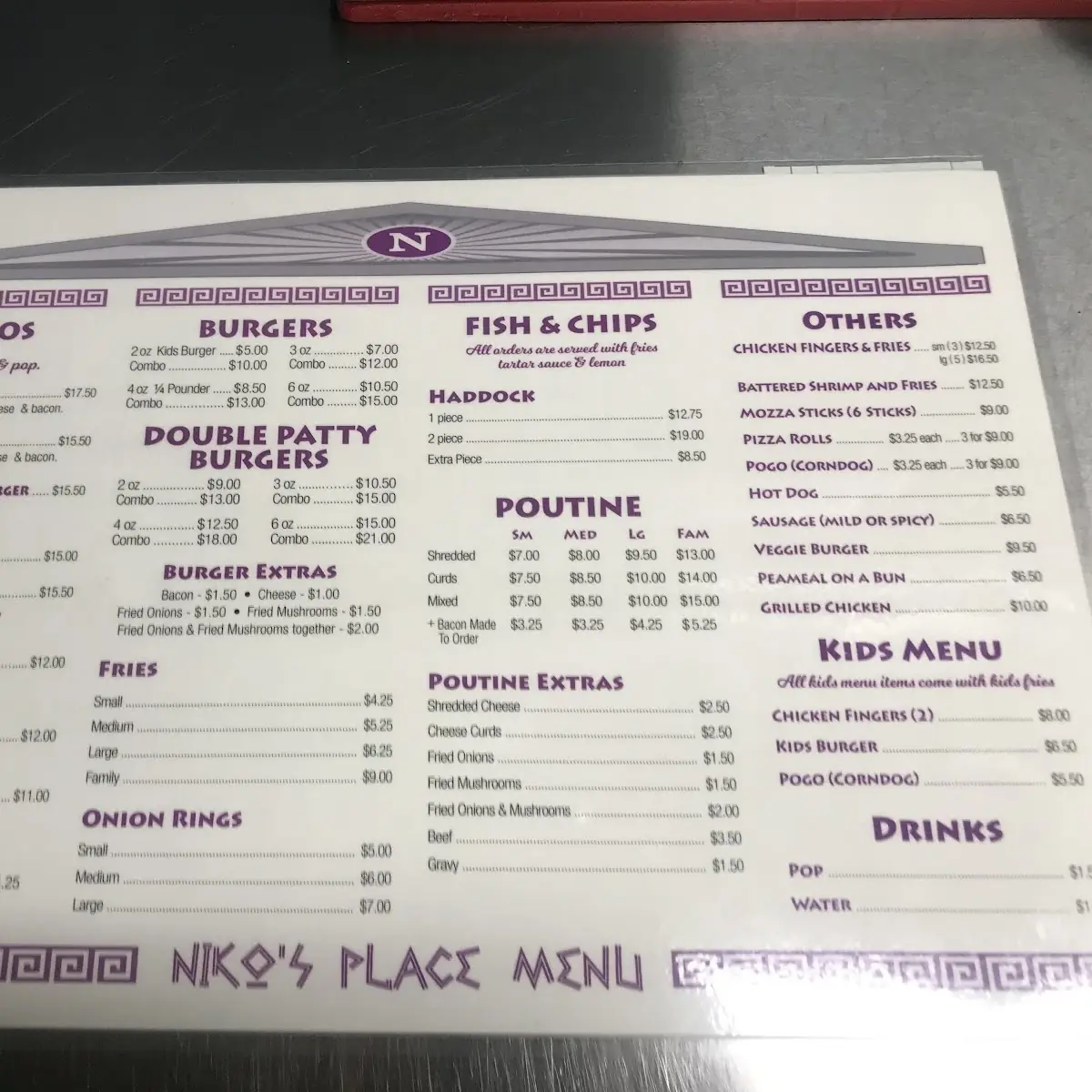 Menu, Niko's Place