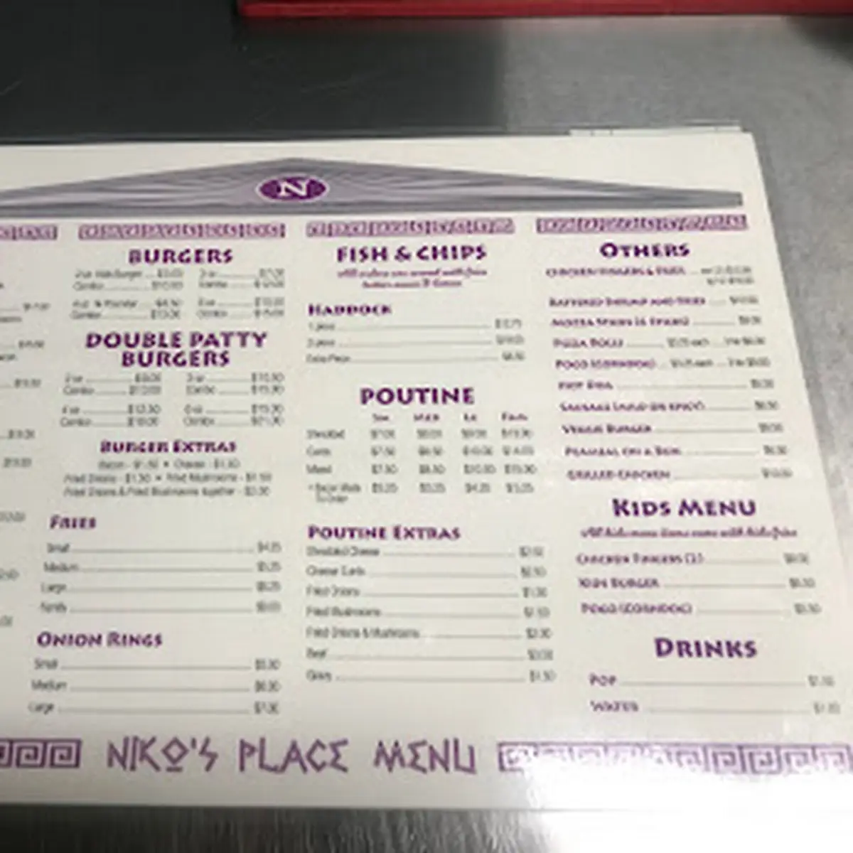 Menu, Niko's Place