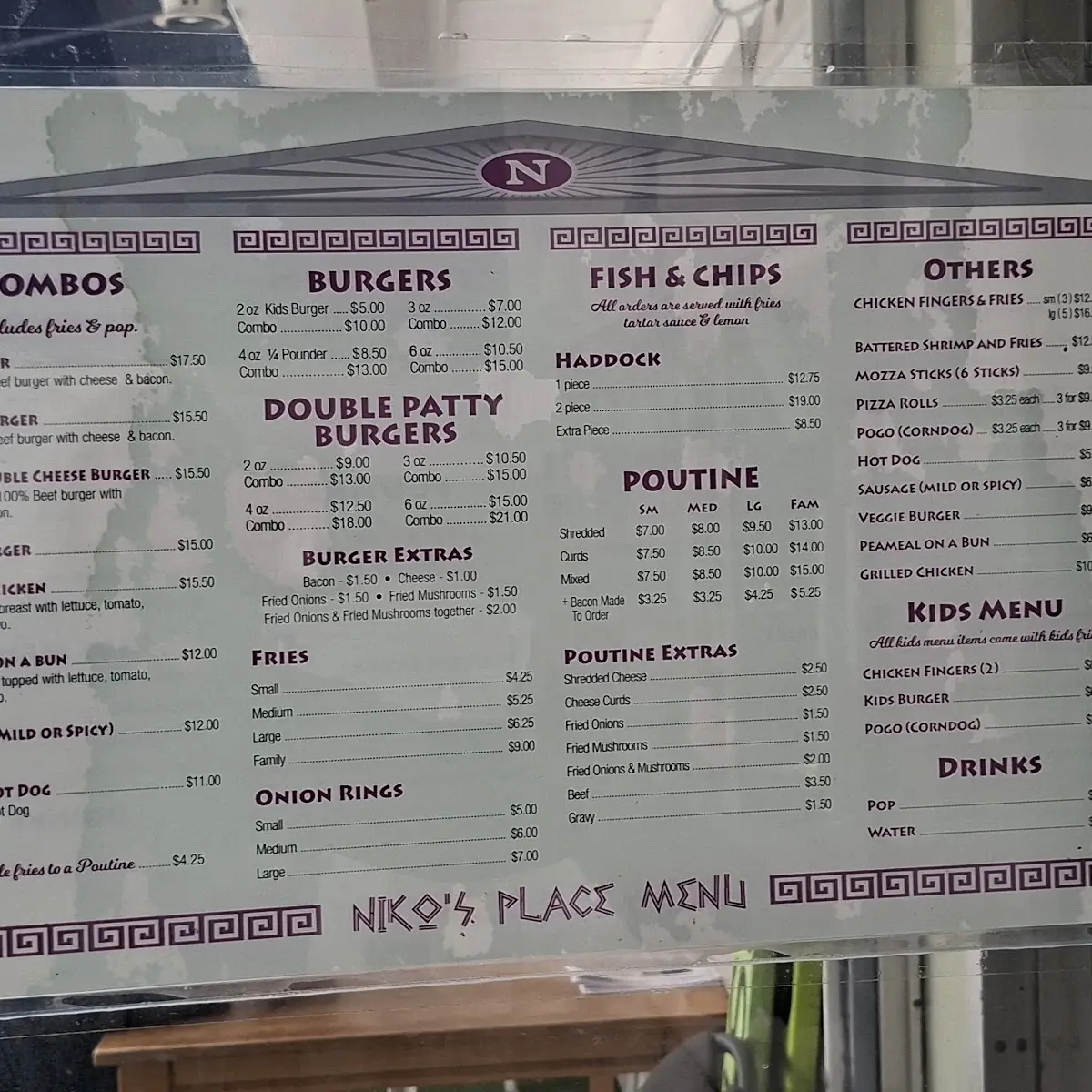 Menu, Niko's Place