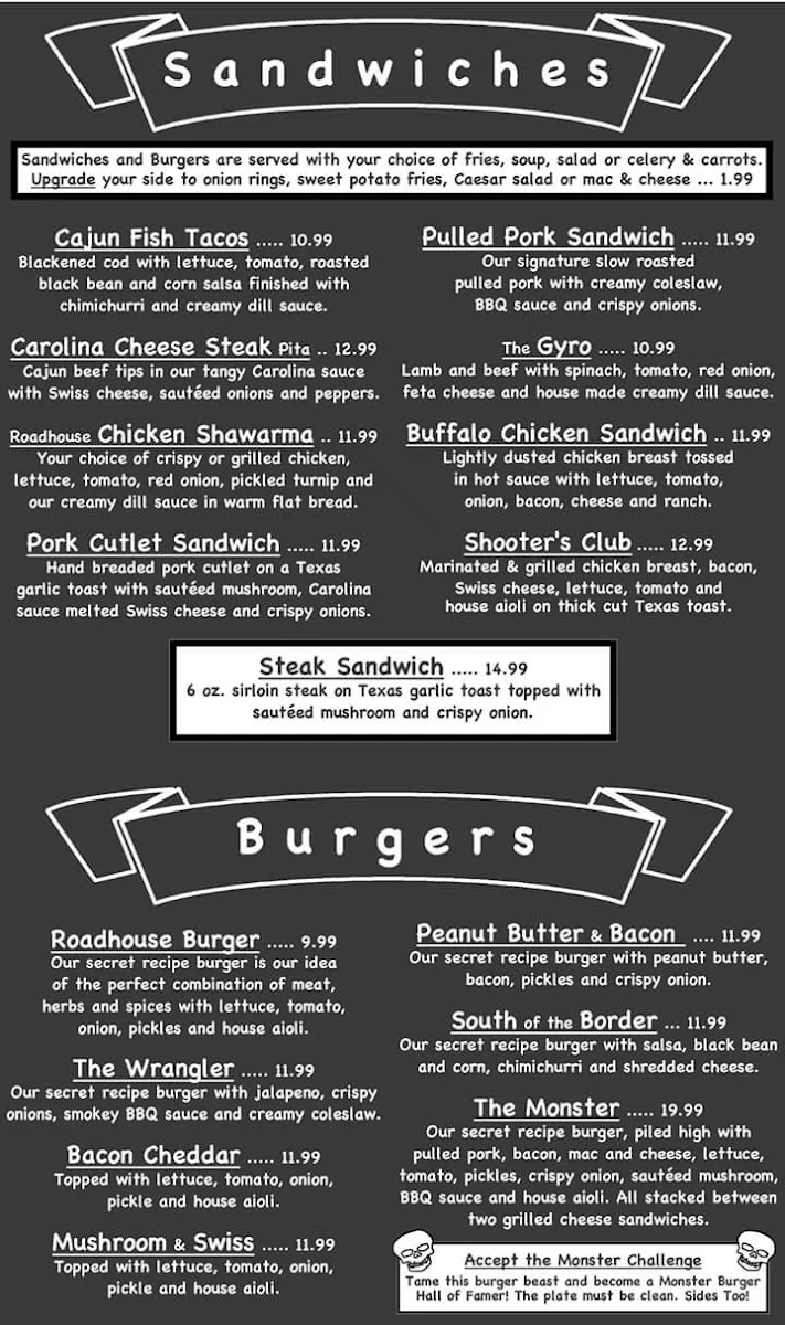 Menu, Shooters Roadhouse