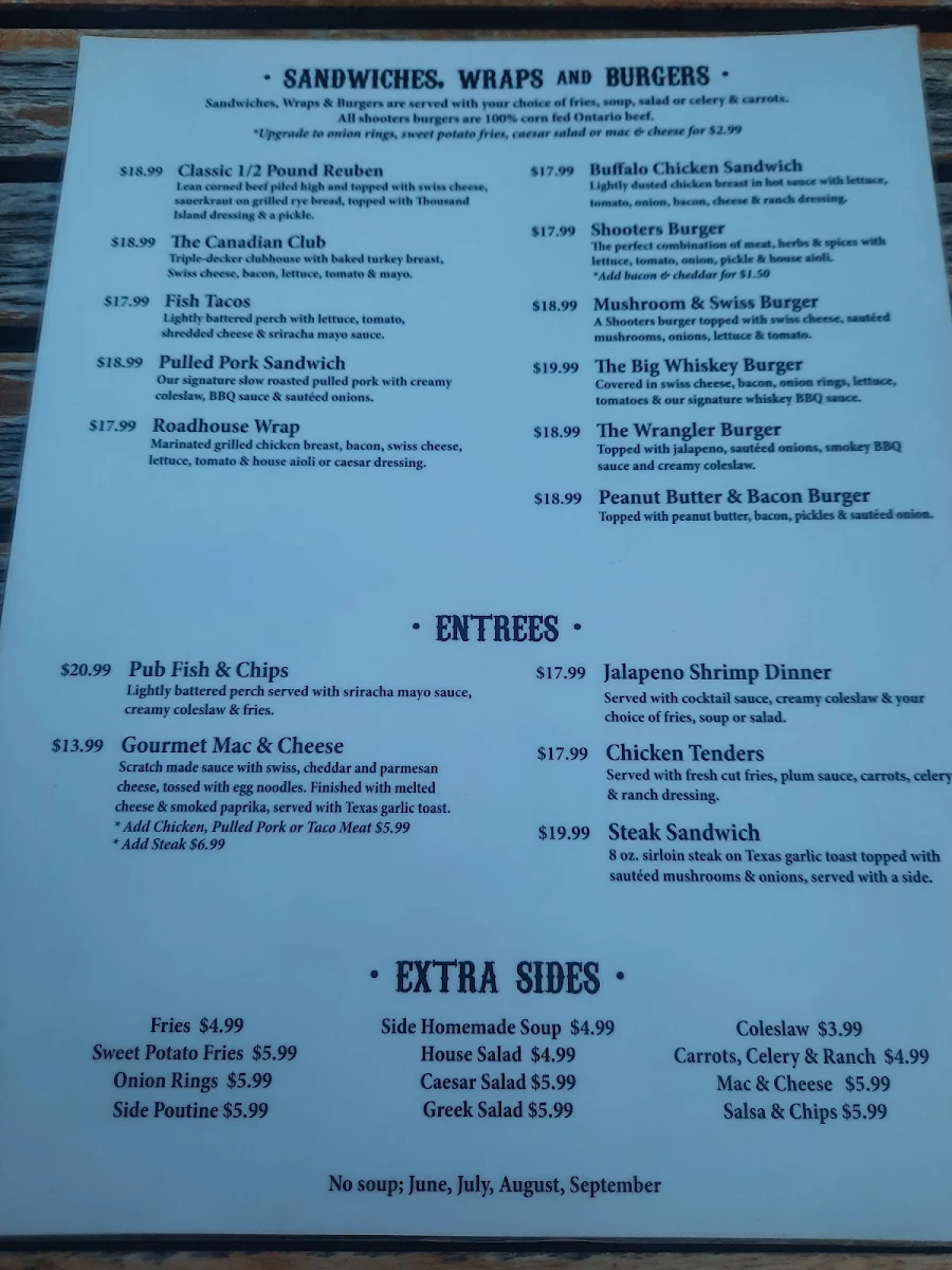 Menu, Shooters Roadhouse