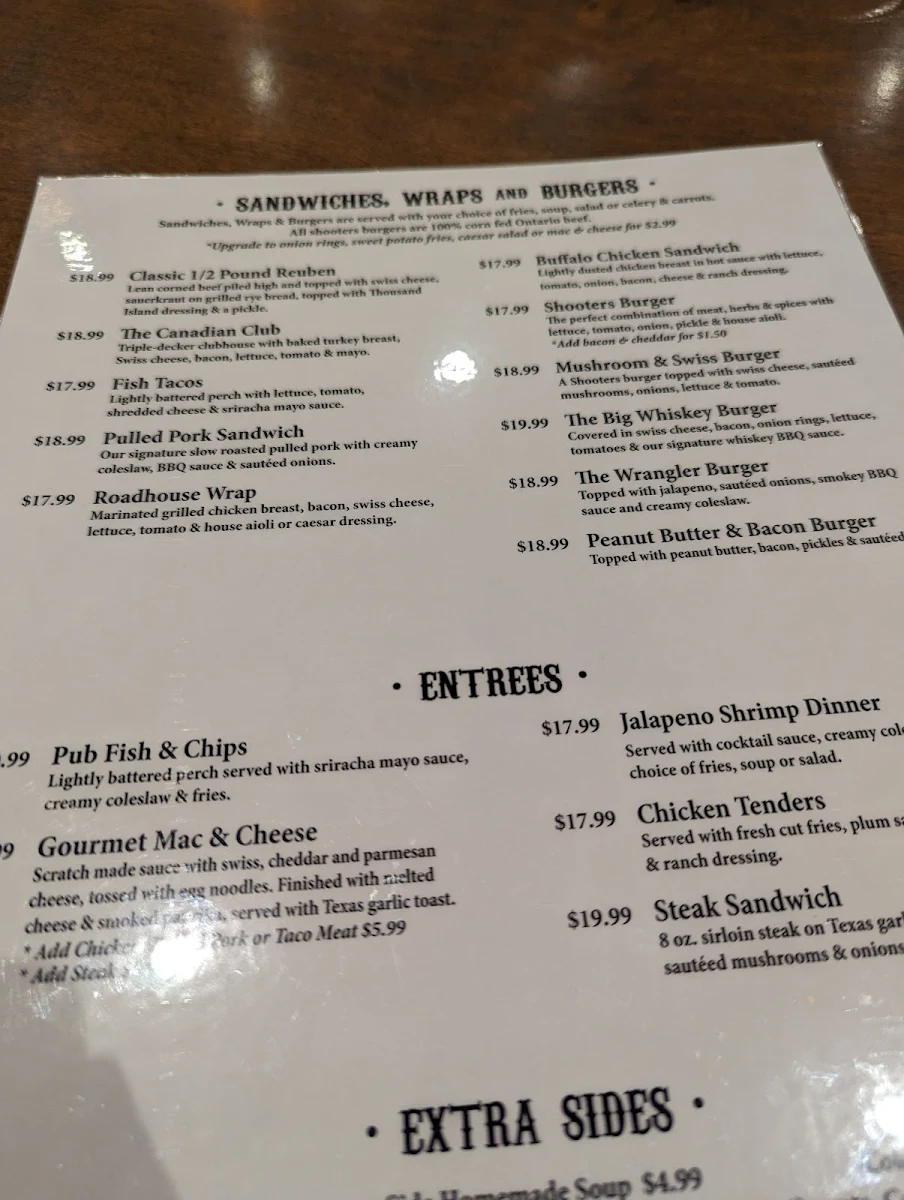 Menu, Shooters Roadhouse