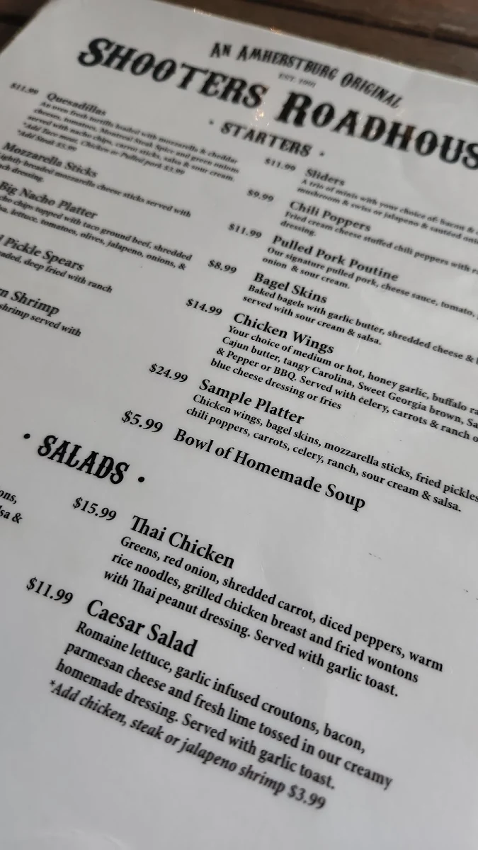 Menu, Shooters Roadhouse