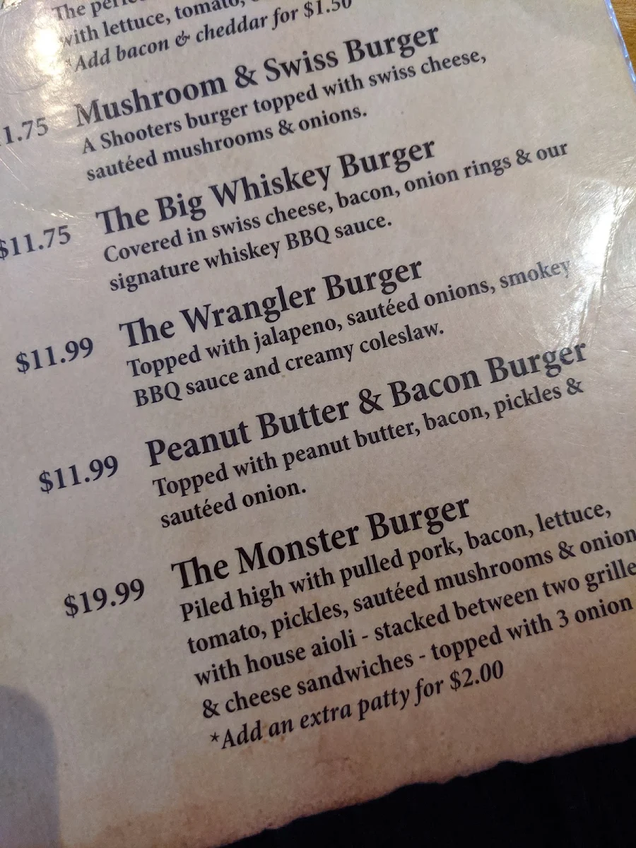 Menu, Shooters Roadhouse