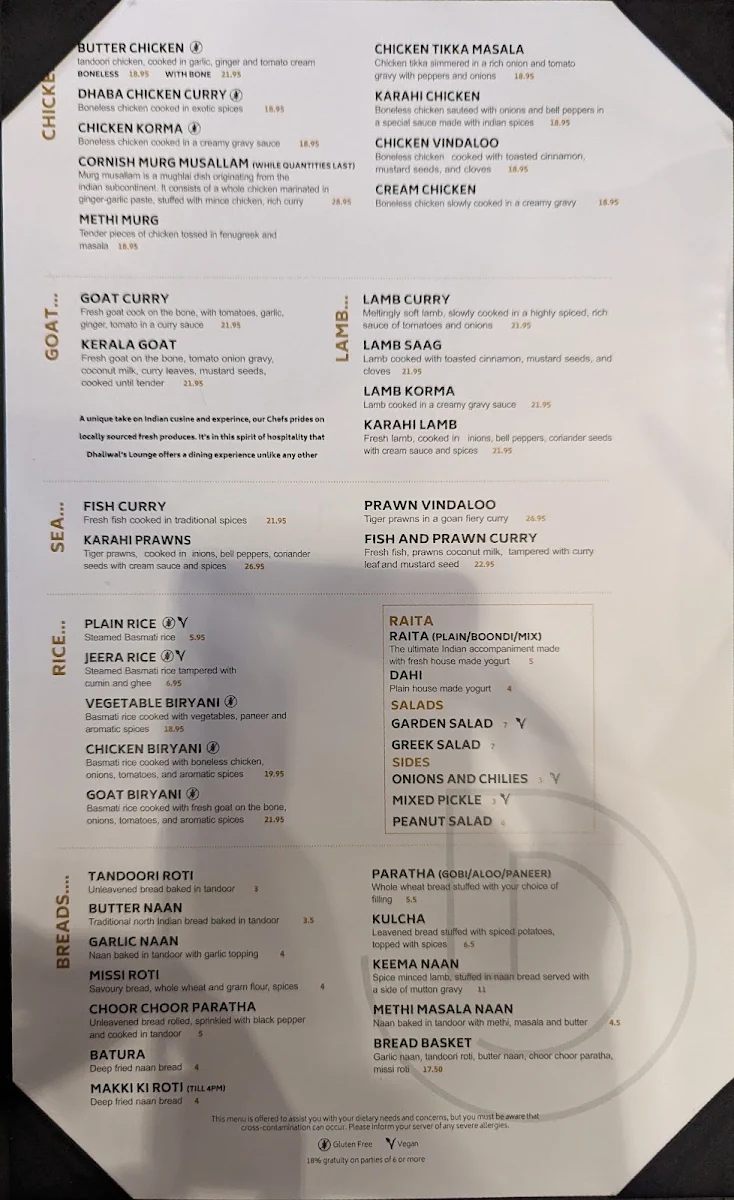 Menu, Dhaliwal's Lounge
