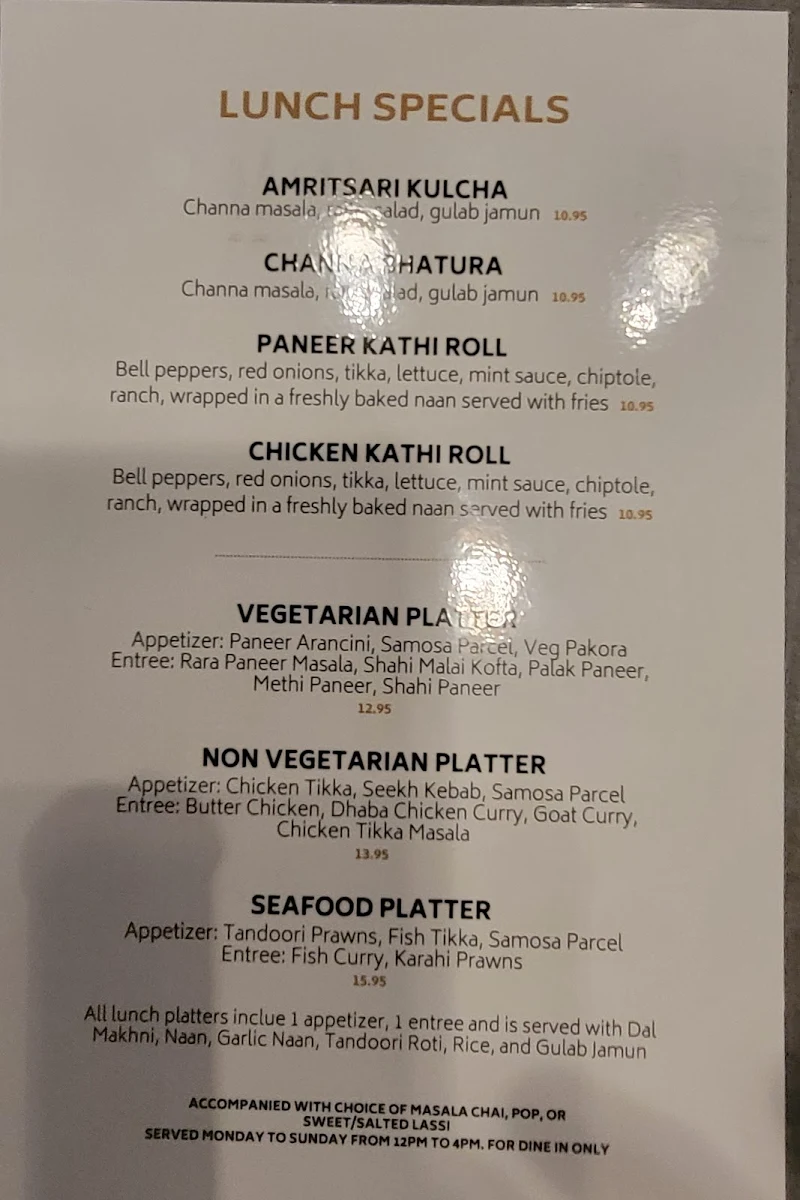 Menu, Dhaliwal's Lounge